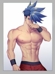 Rule 34 | 1boy, abs, asymmetrical hair, bara, blue eyes, blue hair, d-red, galo thymos, large pectorals, male focus, manly, muscular, navel, nipples, pants, pectorals, promare, short hair, sidecut, simple background, solo, spiked hair, topless male, undercut, upper body