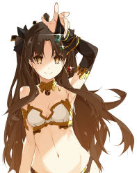 Rule 34 | 1girl, armlet, asymmetrical sleeves, black bow, black hair, bow, breasts, bridal gauntlets, cleavage, commentary request, crown, detached collar, earrings, elbow gloves, fate/grand order, fate (series), gem, gloves, highres, hoop earrings, ishtar (fate), jewelry, long hair, navel, neck ring, parted bangs, shikei, single elbow glove, solo, tiara, two side up, uneven sleeves, yellow eyes