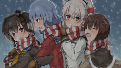 Rule 34 | 10s, 4girls, :o, amatsukaze (kancolle), anchor symbol, black hair, blue eyes, blue hair, blunt bangs, blush, brown eyes, brown gloves, brown hair, brown skirt, buttons, coat, from side, fur trim, gloves, hair between eyes, hair tubes, hairband, hat, hatsukaze (kancolle), headgear, hinauri (nurupon), kantai collection, long hair, long sleeves, mini hat, multiple girls, neckerchief, nudge, open mouth, pleated skirt, pocket, red eyes, red scarf, ribbon, sailor collar, scarf, shared clothes, shared scarf, short hair, silver hair, skirt, snow, snowflakes, snowing, striped clothes, striped scarf, sweat, sweatdrop, teeth, tokitsukaze (kancolle), twintails, two side up, upper body, wince, winter clothes, winter coat, yellow ribbon, yukikaze (kancolle)