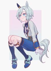 Rule 34 | 1girl, animal ears, blue eyes, blue footwear, blue jacket, blue shorts, bow, bowtie, ear covers, gloves, grey hair, highres, hisashi (g6bfb), horse ears, horse girl, horse tail, jacket, long sleeves, official alternate costume, seiun sky (soiree de chaton) (umamusume), seiun sky (umamusume), shirt, short hair, shorts, sitting, smile, socks, solo, tail, thighhighs, umamusume, white background, white gloves, white jacket, white shirt