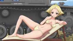 Rule 34 | 1girl, absurdres, bikini, blonde hair, blush, breasts, brown eyes, cameltoe, cleavage, collarbone, dated, erwin (girls und panzer), eyebrows hidden by hair, girls und panzer, highres, large breasts, looking at viewer, lying, military, military vehicle, motor vehicle, navel, on side, outdoors, shiny skin, short hair, sky, smile, solo, swimsuit, tank, yellow bikini