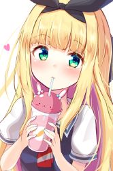 Rule 34 | 1girl, baram, black ribbon, blonde hair, blush, closed mouth, commentary request, cup, drinking straw, green eyes, hair ribbon, heart, holding, holding cup, long hair, looking at viewer, mononobe alice, multicolored hair, nijisanji, puffy short sleeves, puffy sleeves, purple hair, ribbon, shirt, short sleeves, simple background, solo, sweater vest, two-tone hair, upper body, very long hair, virtual youtuber, white background, white shirt
