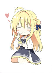 Rule 34 | 1girl, ^ ^, ahoge, black bow, black dress, blonde hair, blue bow, blush stickers, bow, chibi, closed eyes, closed mouth, collared shirt, commentary, double-parted bangs, dress, food, frilled dress, frills, hair between eyes, hair bow, hair bun, hair intakes, hamidashi creative, hand up, happy, heart, highres, holding, holding plate, holding spoon, izumi hiyori, long hair, long sleeves, plate, pudding, shirt, sidelocks, simple background, sitting, smile, solo, spoon, utensil in mouth, utsunomiya tsumire, wariza, white background, white shirt