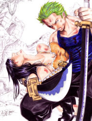 Rule 34 | 1boy, 1girl, beaten, black footwear, black hair, blood, boots, breasts, cleavage, defeat, dual wielding, frown, green hair, holding, injury, nico robin, one piece, roronoa zoro, shoes, skypiea, squatting, sword, tank top, unconscious, weapon