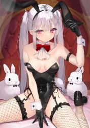 Rule 34 | 1girl, absurdres, animal, animal ears, arm strap, arm up, armpits, bare shoulders, between legs, black footwear, black gloves, black hairband, black leotard, bow, bowtie, breasts, breasts apart, clothing cutout, detached collar, embarrassed, fake animal ears, fishnet thighhighs, fishnets, garter straps, gloves, gluteal fold, hairband, highleg, highleg leotard, highres, leotard, long hair, looking at viewer, medium breasts, mirea, original, playboy bunny, rabbit, rabbit ears, red eyes, shoes, side-tie leotard, side cutout, sidelocks, sitting, solo, strapless, strapless leotard, thighhighs, thighs, twintails, very long hair, wariza, white hair, wrist cuffs