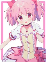 Rule 34 | 1girl, absurdres, gloves, highres, kaname madoka, looking at viewer, mahou shoujo madoka magica, open mouth, pink eyes, pink hair, puffy sleeves, ruru (rurumagi), short twintails, smile, solo, twintails, white gloves