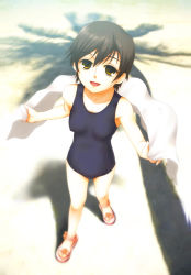 Rule 34 | 00s, 1girl, black hair, brown eyes, female focus, fujioka haruhi, full body, looking up, one-piece swimsuit, ouran high school host club, outdoors, palm tree, sandals, school swimsuit, shadow, short hair, solo, soshina nohito, swimsuit, towel, tree
