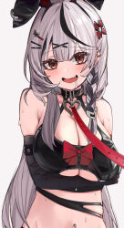 Rule 34 | 1girl, appleseed (appleseed art), breasts, cleavage, grey hair, highres, hololive, long hair, multicolored hair, open mouth, red eyes, sakamata chloe, simple background, smile, solo, streaked hair, virtual youtuber
