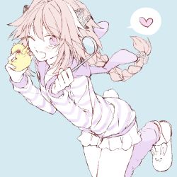 Rule 34 | 1boy, ;d, animal hood, animal slippers, astolfo (fate), astolfo (memories at trifas) (fate), black bow, black scrunchie, blue background, blush, blush stickers, bow, braid, bunny slippers, collarbone, commentary request, fang, fate/apocrypha, fate (series), feet out of frame, hair between eyes, hair bow, hair intakes, hair ornament, hair scrunchie, hands up, heart, holding, hood, hood down, hooded jacket, jacket, kan&#039;yu (citron 82), ladle, leg up, long hair, long sleeves, looking at viewer, male focus, multicolored hair, official alternate costume, one eye closed, open mouth, pale color, pink hair, purple eyes, purple jacket, rabbit hood, rabbit tail, raised eyebrows, rubber duck, scrunchie, shoe dangle, short shorts, shorts, simple background, single braid, sketch, slippers, smile, solo, speech bubble, spoken heart, standing, standing on one leg, streaked hair, striped clothes, striped jacket, tail, trap, two-tone hair, very long hair, white hair, white shorts
