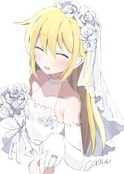 Rule 34 | 1girl, ^ ^, bare shoulders, blonde hair, blush, bouquet, bridal veil, bride, closed eyes, collarbone, commentary request, cropped torso, dress, elbow gloves, flower, gloves, highres, holding, holding bouquet, holding hands, hyphen (samplelog), kill me baby, long hair, parted lips, pov, simple background, sleeveless, sleeveless dress, smile, solo, sonya (kill me baby), upper body, veil, wedding dress, white background, white dress, white gloves