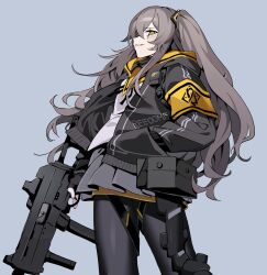 Rule 34 | 1girl, armband, fingerless gloves, girls&#039; frontline, gloves, grey background, gun, hair between eyes, hand in pocket, highres, holding, holding gun, holding weapon, hood, hood down, hooded jacket, jacket, long hair, looking at viewer, manarou, one side up, open clothes, open jacket, orange eyes, pantyhose, pleated skirt, scar, scar across eye, scar on face, simple background, skirt, solo, submachine gun, ump45 (girls&#039; frontline), weapon