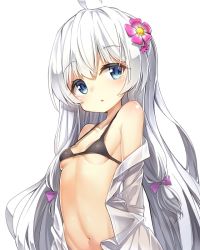 Rule 34 | 1girl, :o, ahoge, bare shoulders, bikini, black bikini, blue eyes, blush, bow, breasts, collarbone, commentary request, darnell, flower, hair between eyes, hair bow, hair flower, hair ornament, korean commentary, long hair, looking at viewer, off shoulder, open clothes, open shirt, parted lips, pink flower, purple bow, shirt, silver hair, simple background, small breasts, solo, soulworker, stella unibell, swimsuit, very long hair, white background, white shirt