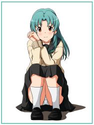 Rule 34 | 1girl, black footwear, black sailor collar, black skirt, blush, border, brown eyes, cardigan, closed mouth, commentary request, crotch seam, green border, green hair, highres, idolmaster, idolmaster million live!, interlocked fingers, lielos, light smile, loafers, long hair, long sleeves, looking at viewer, medium skirt, own hands together, panties, pantyshot, partial commentary, pleated skirt, sailor collar, school uniform, shoes, simple background, sitting, skirt, socks, solo, squatting, tokugawa matsuri, underwear, white background, white panties, white socks, yellow cardigan