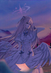 Rule 34 | 1girl, absurdres, blue archive, breasts, capelet, commentary, dress, feathered wings, flower, hair bun, hair flower, hair ornament, halo, hand up, highres, long hair, looking away, looking to the side, low wings, medium breasts, mika (blue archive), open mouth, outdoors, pink hair, purple flower, re:rin, single side bun, smile, solo, sunset, very long hair, white capelet, white dress, white wings, wings, wrist cuffs