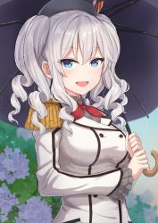 Rule 34 | 1girl, blue eyes, breasts, epaulettes, flower, frilled sleeves, frills, highres, holding, holding umbrella, hydrangea, jacket, kantai collection, kashima (kancolle), kerchief, large breasts, long sleeves, military, military jacket, military uniform, monoku, neckerchief, red neckerchief, sidelocks, silver hair, solo, twintails, umbrella, uniform, upper body, wavy hair, white jacket