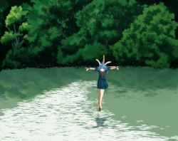 Rule 34 | 1girl, ahoge, animal ears, asagi glauca, barefoot, blouse, blue eyes, blue hair, blue shirt, blue skirt, closed mouth, cross, crucifixion, day, forest, frown, full body, heart, heart ahoge, highres, looking at viewer, nature, original, outdoors, pond, rabbit ears, shirt, short hair, skirt, solo, tree, water, yan pai
