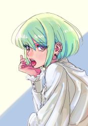 Rule 34 | 1boy, androgynous, ascot, barbell piercing, blonde hair, ear piercing, earrings, green hair, highres, industrial piercing, jewelry, lio fotia, looking at viewer, male focus, open mouth, piercing, promare, purple eyes, runatako, tongue, tongue out, tongue piercing