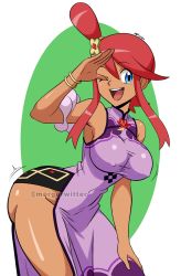 Rule 34 | 1girl, absurdres, ass, blue eyes, breasts, creatures (company), curvy, dress, flower, game freak, hand up, highres, long hair, mergeritter, nintendo, nipples, official alternate costume, one eye closed, open mouth, pokemon, pokemon masters ex, purple dress, red hair, shiny skin, side ponytail, skyla (anniversary 2022) (pokemon), skyla (pokemon), sleeveless, sleeveless dress, smile, thick thighs, thighs, twitter username, wide hips
