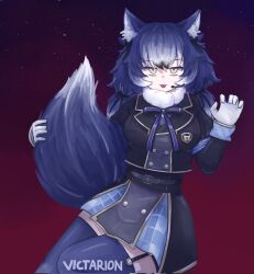 Rule 34 | 1girl, animal ears, belt, blue hair, bow, bowtie, dire wolf (kemono friends), extetvictarion, extra ears, garter straps, gloves, grey eyes, highres, jacket, kemono friends, kemono friends v project, long hair, looking at viewer, microphone, ribbon, scarf, simple background, skirt, solo, tail, thighhighs, twintails, virtual youtuber, wolf ears, wolf girl, wolf tail