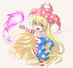 Rule 34 | 1girl, :d, american flag dress, american flag legwear, asymmetrical legwear, blonde hair, brown background, clownpiece, commentary request, dress, fairy wings, fingernails, fur-trimmed sleeves, fur trim, hair between eyes, hand on own hip, hat, highres, holding, holding torch, jester cap, long hair, long sleeves, mismatched legwear, naegi (naegidokoro), neck ruff, open mouth, outstretched arm, pantyhose, print pantyhose, red eyes, simple background, smile, solo, star (symbol), star print, striped clothes, striped dress, striped pantyhose, torch, touhou, transparent wings, very long hair, wings