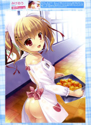 Rule 34 | 1girl, :d, absurdres, apron, ass, bare shoulders, blush, brown hair, carrying, collarbone, flower, food, fruit, hair flower, hair ornament, hairclip, hallway, highres, indoors, kappougi, looking back, mikeou, naked apron, no panties, open mouth, orange (fruit), red eyes, short hair, smile, solo, sunflower, sunflower hair ornament, tareme, window