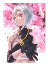 Rule 34 | 1girl, bare shoulders, cherry blossoms, gloves, hapishapiri, highres, hush (fortnite), jewelry, looking at viewer, necklace, red eyes, solo, white hair