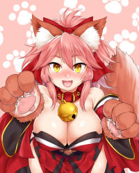 Rule 34 | 1girl, animal ears, animal hands, bare shoulders, bell, blush, bow, breasts, cat ears, cleavage, collar, fang, fate (series), fox tail, hair bow, highres, katsura harufumi, large breasts, leaning forward, long hair, looking at viewer, neck bell, pink hair, smile, solo, tail, tamamo (fate), tamamo cat (fate), tamamo cat (first ascension) (fate), tamamo no mae (fate/extra), thighs, yellow eyes