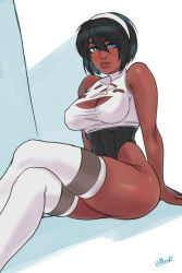 Rule 34 | 1girl, alternate color, bare shoulders, black hair, black leotard, blue eyes, breasts, cleavage, cleavage cutout, clothing cutout, crossed legs, curvy, dark-skinned female, dark skin, female focus, hair between eyes, hairband, highleg, highleg leotard, highres, leotard, lips, looking at viewer, medium breasts, mole, mole under mouth, nier (series), nier:automata, no pants, nose, player 2, short hair, signature, sitting, skindentation, solo, thick thighs, thighhighs, thighs, toned, very dark skin, wallace pires, white hairband, white thighhighs, 2b (nier:automata), 2p (nier:automata)