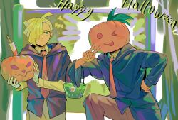 Rule 34 | &gt; o, 2boys, ahoge, alternate costume, blonde hair, brown pants, closed mouth, collared shirt, commentary request, creatures (company), ear piercing, game freak, gladion (pokemon), gloves, green eyes, hair over one eye, halloween, hand on own hip, hand up, happy halloween, hau (pokemon), highres, holding, jack-o&#039;-lantern, knife, looking at viewer, male focus, multiple boys, necktie, nintendo, one eye closed, orange necktie, pants, piercing, pokemon, pokemon sm, s67569077, shirt, short hair, v