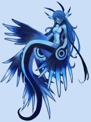 Rule 34 | 1girl, antennae, black sclera, blue background, blue hair, blue pupils, blue skin, colored sclera, colored skin, completely nude, fins, full body, glaucus atlanticus, hand up, head fins, highres, long hair, looking at viewer, mermaid, monster girl, no hands, nude, original, oversized limbs, ruteko (ruko220), simple background, solo, very long hair, yellow eyes
