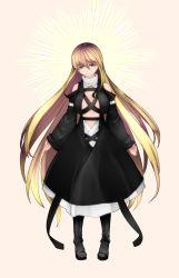 Rule 34 | 1girl, adapted costume, alternate hair color, aoshima, bare shoulders, black dress, black footwear, blonde hair, boots, breasts, cleavage, closed mouth, commentary request, dress, eyelashes, full moon, highres, hijiri byakuren, large breasts, layered dress, light rays, lips, long hair, looking at viewer, moon, pigeon-toed, pink background, purple eyes, smile, solo, standing, touhou, turtleneck, very long hair
