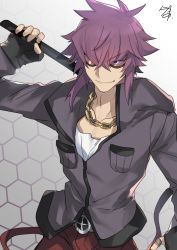 Rule 34 | 10s, 1boy, chain, flipped hair, gold chain, grin, highres, jacket, jewelry, looking at viewer, male focus, mirokuji yuuya, nikame, popped collar, purple hair, re:creators, ring, short hair, simple background, smile, solo, sunglasses, thumb ring