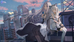 Rule 34 | 2girls, azur lane, bare shoulders, blue flower, blue rose, blue sky, building, catzz, cityscape, closed eyes, closed mouth, cloud, commentary, copyright name, crane (machine), dress, english commentary, floating hair, flower, garter straps, hammann (azur lane), hammann ii (azur lane), highres, holding, holding flower, ladder, logo, long hair, mixed-language commentary, multiple girls, official art, outdoors, pantyhose, parted bangs, promotional art, rooftop, rose, shadow, sitting, sky, skyscraper, sleeping, sunset, thigh strap, thighhighs, white dress, white hair, white thighhighs, yorktown (azur lane), yorktown ii (azur lane)