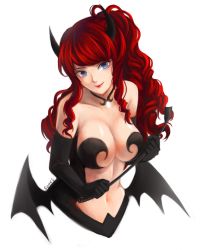 Rule 34 | 1girl, artist request, bare shoulders, blue eyes, breasts, cleavage, demon girl, highres, horns, large breasts, long hair, looking at viewer, navel, red hair, riding crop, smile, solo, demon girl, upper body, wavy hair