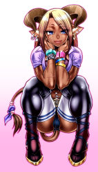 Rule 34 | 1girl, blonde hair, blue eyes, bra, bracelet, breasts, breasts squeezed together, chiba toshirou, crotch, dark-skinned female, dark skin, earrings, eyelashes, female focus, full body, ganguro, gradient background, gradient hair, gyaru, head rest, hooves, horns, jewelry, kogal, large breasts, lips, lipstick, long hair, looking at viewer, makeup, midriff, minotaur, mole, mole under eye, multicolored hair, muscular, muscular female, navel piercing, original, piercing, pink background, pointy ears, red lips, scar, short shorts, shorts, simple background, smile, solo, sparkle, squatting, tail, thighhighs, tsurime, underwear, white background