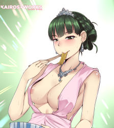 Rule 34 | 10s, 1girl, alternate hairstyle, areola slip, blush, bowl, braid, breasts, center opening, chopsticks, chopsticks in mouth, cleavage, dress, earrings, eating, eyelashes, food, formal, green eyes, green hair, hair up, highres, jewelry, kairos+, looking at viewer, medium breasts, necklace, nipple slip, nipples, no bra, noodles, ojou (galko), oshiete! galko-chan, pink dress, saliva, solo, sweat, tiara, udon