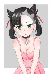 Rule 34 | 1girl, asymmetrical bangs, bare shoulders, black hair, border, breasts, cleavage, commentary request, creatures (company), dress, game freak, green eyes, highres, jamikko319, looking at viewer, marnie (pokemon), medium hair, nintendo, open mouth, pink dress, pokemon, pokemon swsh, shoulder blush, small breasts, solo, spaghetti strap, twintails, two side up, upper body, white border