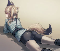 Rule 34 | 1girl, animal ears, ass, bee (deadflow), bike shorts, blue eyes, brown hair, cameltoe, colored eyelashes, fox ears, fox tail, from behind, green hair, looking at viewer, looking back, lying, military, military uniform, on stomach, original, parted lips, solo, tail, twintails, uniform