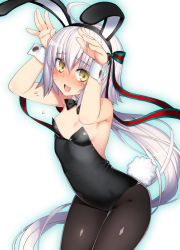Rule 34 | 1girl, :d, animal ears, black bow, black bowtie, black leotard, blue outline, blush, bow, bowtie, breasts, brown pantyhose, cowboy shot, fake animal ears, fate/grand order, fate (series), flying sweatdrops, grey hair, hair ribbon, hands up, jeanne d&#039;arc (fate), jeanne d&#039;arc alter santa lily (fate), leotard, long hair, looking at viewer, namonashi, open mouth, outline, pantyhose, playboy bunny, rabbit ears, rabbit pose, ribbon, simple background, small breasts, smile, solo, standing, strapless, strapless leotard, thigh gap, very long hair, white background, wrist cuffs, yellow eyes