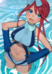Rule 34 | 1girl, adapted costume, armpits, bikini, bikini shorts, blue bikini, blue eyes, blue gloves, breasts, caustics, cowboy shot, creatures (company), dark-skinned female, dark skin, day, from above, game freak, gatchan, gloves, gym leader, hair between eyes, hair ornament, halterneck, hands on own hips, highres, hip focus, large breasts, looking at viewer, midriff, navel, nintendo, open mouth, outdoors, parted bangs, partially submerged, pokemon, pokemon bw, red hair, short shorts, shorts, skyla (pokemon), solo, sparkle, standing, swimsuit, tankini, thighs, wading, water, wet, wide hips