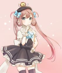 Rule 34 | &gt;:3, 10s, 1girl, :3, asagumo (kancolle), buttons, dress, gloves, hair ribbon, highres, kantai collection, lion, long hair, looking at viewer, magical girl, nuno (pppompon), pink background, pleated dress, ribbon, skirt, thighhighs, twintails, v-shaped eyebrows, white gloves, zettai ryouiki
