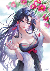 Rule 34 | 1girl, absurdres, bad id, bad pixiv id, bead bracelet, beads, black dress, black hair, blue eyes, bracelet, breasts, cleavage, commentary request, dress, earrings, feather boa, flower, heartki, highres, jewelry, long hair, looking at viewer, medium breasts, mole, mole under mouth, nail polish, off shoulder, original, parted lips, red flower, red nails, smile, snow, solo, strapless, strapless dress, tassel, tassel earrings, upper body, very long hair