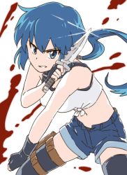 Rule 34 | 1girl, amasaki ryouko, aznakagoe, black gloves, black thighhighs, blank blood, blood, clenched teeth, combat knife, cracklecradle, crop top, denim, denim shorts, female focus, fighting stance, gloves, highres, holding, holding knife, holster, knife, low ponytail, open fly, serious, shirt, shorts, solo, sports bra, teeth, thigh holster, thighhighs, tied shirt, weapon, white background