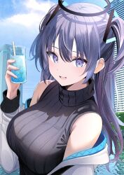 Rule 34 | 1girl, alternate costume, bare shoulders, black halo, black sweater, blue archive, blue eyes, blue hair, blue sky, breasts, building, commentary request, cup, drinking glass, hair between eyes, halo, highres, holding, holding cup, jacket, large breasts, long hair, looking at viewer, off shoulder, open mouth, outdoors, ribbed sweater, sky, smile, solo, sweater, touyou (39kir), triangle hair ornament, turtleneck, turtleneck sweater, two side up, upper body, white jacket, yuuka (blue archive)