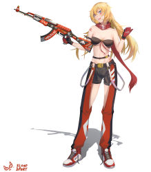 Rule 34 | 1girl, absurdres, ak-47, ak-47 (girls&#039; frontline), assault rifle, bare shoulders, belt, black bra, black shorts, black tank top, blonde hair, blue eyes, blush, bra, breasts, chuck (harfmoondark), counter-strike (series), counter-strike 2, girls&#039; frontline, gloves, gun, highres, holding, holding weapon, kalashnikov rifle, long hair, looking at viewer, medium breasts, navel, open mouth, pants, red gloves, red pants, red scarf, rifle, scarf, shoes, shorts, sneakers, solo, standing, tank top, underwear, weapon, white background