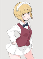 Rule 34 | 1girl, ame (amechan17391739), bad id, bad pixiv id, blonde hair, contrapposto, cutlass (girls und panzer), girls und panzer, hand on own hip, highres, jitome, maid headdress, pleated skirt, short hair, simple background, skirt, solo, vest, yellow eyes