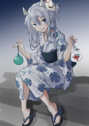 Rule 34 | 1girl, bag, bagged fish, balloon, blue eyes, blue hair, commentary request, fake horns, fish, floral print, fuji (pixiv24804665), full body, goldfish, hair rings, headgear, highres, holding, holding balloon, horned headwear, horns, i-203 (kancolle), japanese clothes, kantai collection, kimono, light blue hair, long hair, looking at viewer, open mouth, round teeth, sandals, sidelocks, sitting, smile, solo, teeth, upper teeth only, water balloon, water yoyo, white kimono, yukata