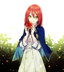 Rule 34 | 1girl, akagami no shirayukihime, apple, blue cape, cape, day, dress, food, fruit, green eyes, hands up, jewelry, looking at viewer, medium hair, necklace, outdoors, plant, red hair, shirayuki (akagami no shirayukihime), smile, soap (user kghh4755), solo, standing, tassel, white dress