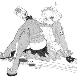 Rule 34 | 1girl, arqa, bike shorts, boots, bracelet, breasts, collar, dress, elphelt valentine, frilled dress, frills, greyscale, guilty gear, guilty gear strive, gun, hairband, highres, holding, holding gun, holding weapon, jacket, jewelry, large breasts, long sleeves, looking at viewer, monochrome, short hair, sideboob, sitting, smile, spiked bracelet, spiked collar, spiked hairband, spikes, thick thighs, thigh boots, thighs, two-tone dress, weapon