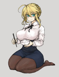 Rule 34 | 1girl, ahoge, artoria pendragon (all), artoria pendragon (fate), artoria pendragon (lancer) (fate), black pantyhose, blonde hair, bowl, braid, breasts, casual, chopsticks, cosplay, dress, fate/grand order, fate/stay night, fate (series), french braid, green eyes, highres, kneeling, large breasts, looking at viewer, pantyhose, pencil skirt, rice, rice bowl, saber (fate), saber (fate) (cosplay), seiza, shinpu, sitting, skirt, smile, solo, thick thighs, thighs, wide hips